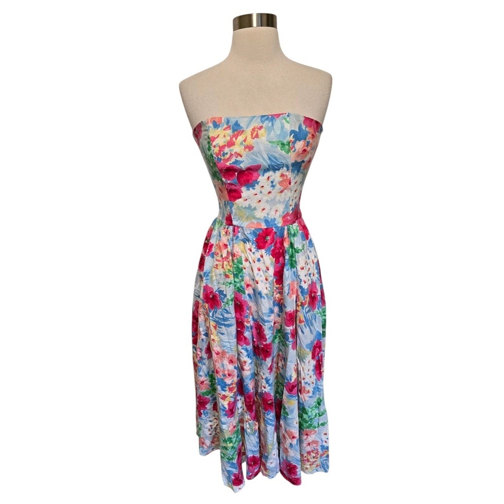 90s Vintage Strapless Maxi Dress Colorful Floral Print Size 4‎ Pleated